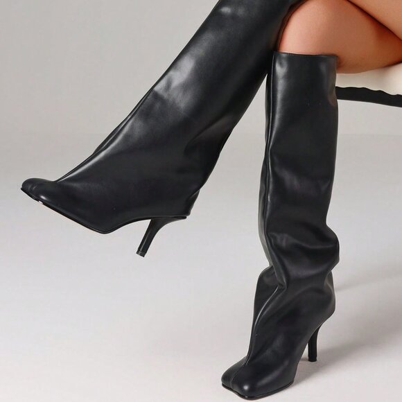 Womens Knee High Square Toe Stiletto Black Boots - Picture 1 of 7